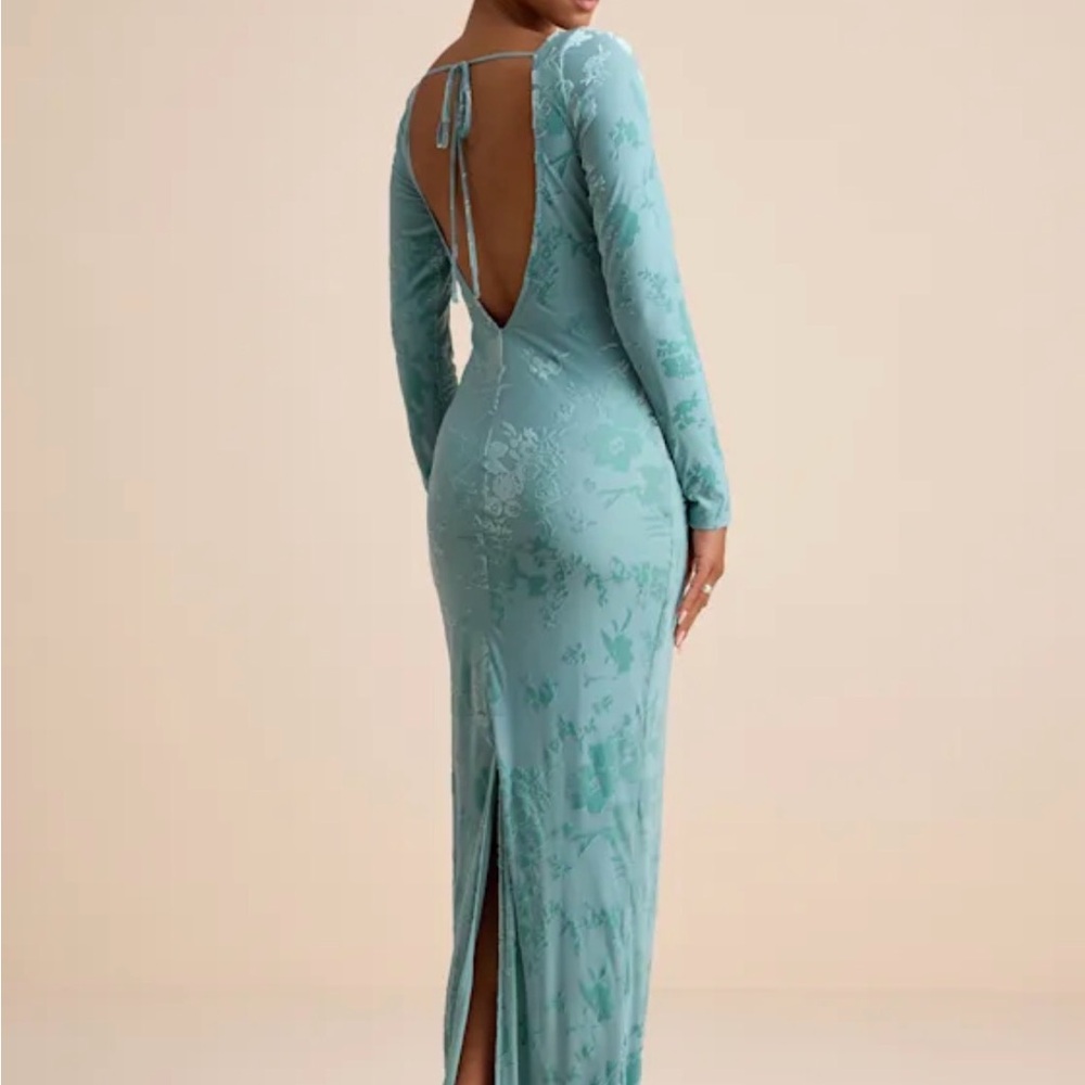 Lulu's Amiria Light Aqua Burnout Velvet Long Sleeve Maxi Dress